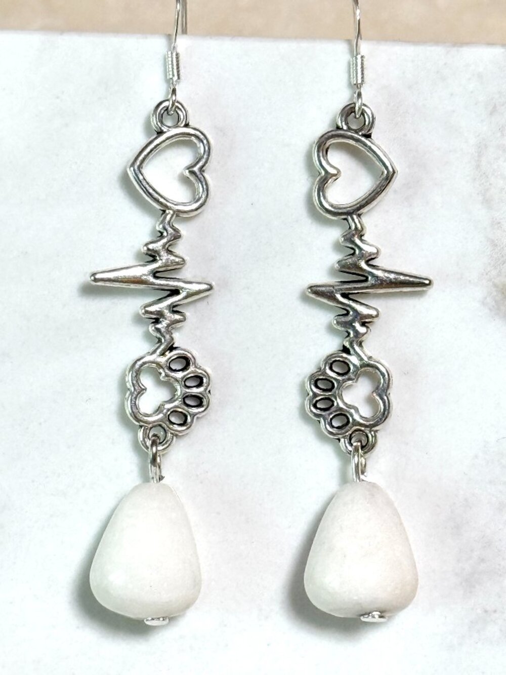2/$20,Milky Quartz Paw Print Heart Beat Earrings,Gemstone & Sterling Silver Hook